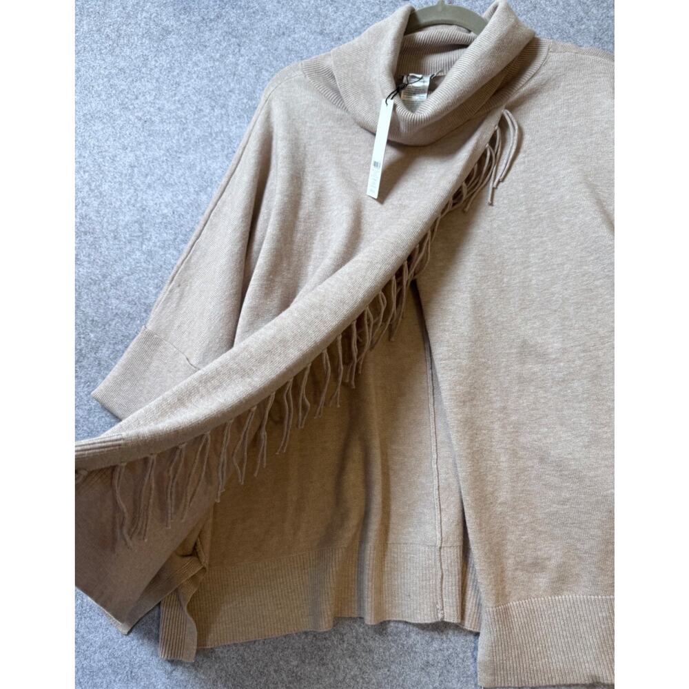 Chico’s Fringe Cowl Neck Poncho Sweater NWT S/M Neutral Taupe Soft Knit - Picture 9 of 11